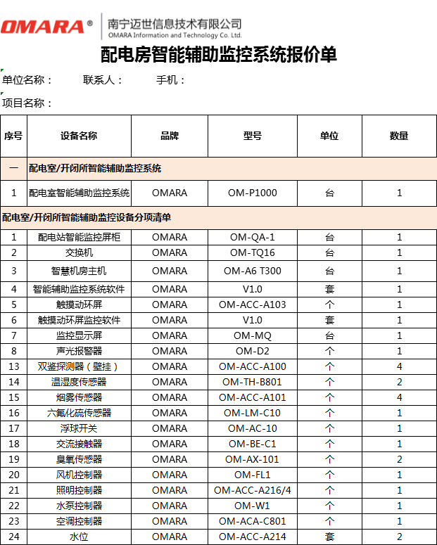 配電房標準輔助監控系統配置的報價單